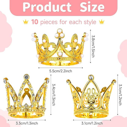 30 Pcs Crowns for Flower Bouquets, Gold Crown Cake Topper, Mini Crown for Flower Bouquet, Pearl Tiara Princess Gold Crown for Wedding Baby Shower Birthday Girl Lady Bridal Party Cake Decor 3 Style