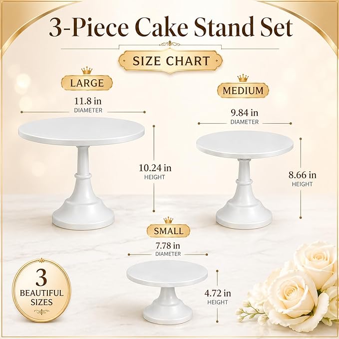 3-Pack White Metal Cake Stand Set, 8/10/12 Inch Tiered Display Stand with Pedestal Base for Wedding, Birthday, Baby Shower, Party Dessert Table