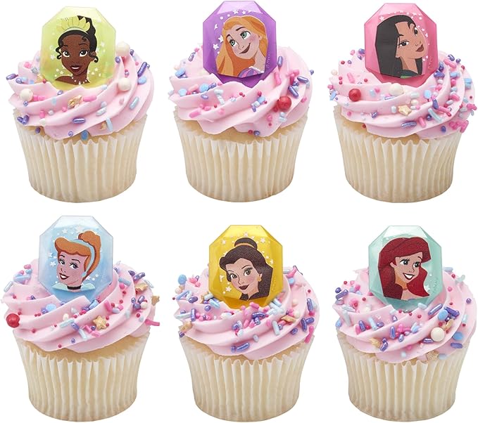 DecoPac Disney Princess Gemstone Rings, Cupcake Decorations Featuring Mulan, Cinderella, Tiana, Belle, Rapunzel and Ariel, Multicolored 3D Food Safe Cake Toppers – 24 Pack