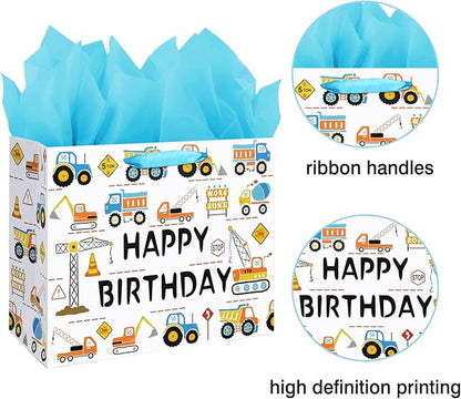 Laidans 13" Large Happy Birthday Gift Bag for Baby Boy Kids with Tissue Paper and Card (Construction Vehicle)