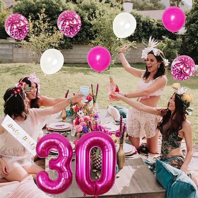 30th Birthday Party Decorations for Her Hot Pink Dirty Thirty Banner Balloon Dirty 30 Sash Cake Topper for 30 Years Old Birthday Party Supplies