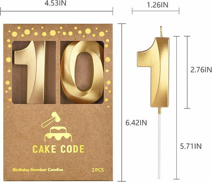 2.76 Inch Diamond Gold 10 Number Birthday Candles, Gold and Cake Number Candles for Party Celebration