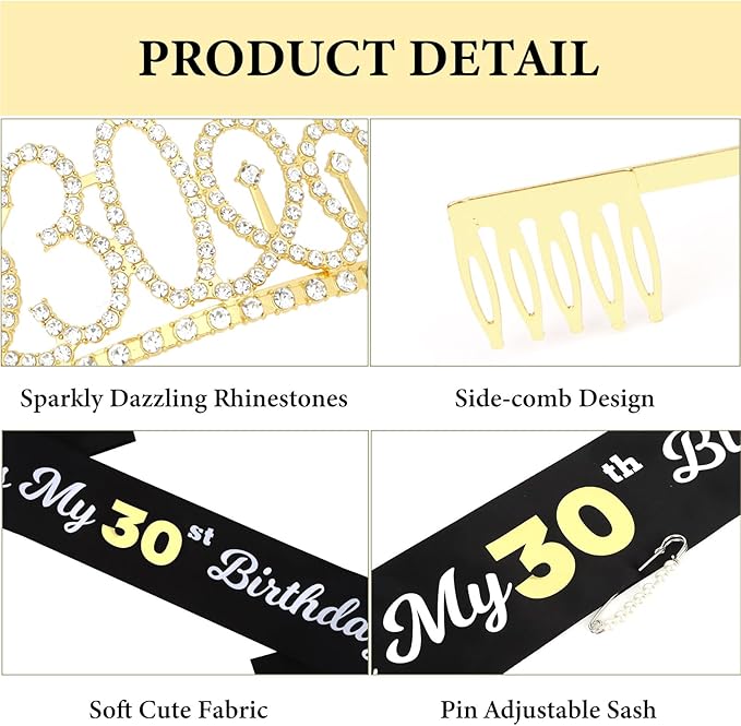 CAVETEE Gold Birthday Crown and Tiara for Women, Sash for Girls - Birthday Party Decoration