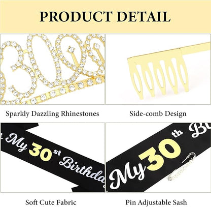 CAVETEE Gold Birthday Crown and Tiara for Women, Sash for Girls - Birthday Party Decoration