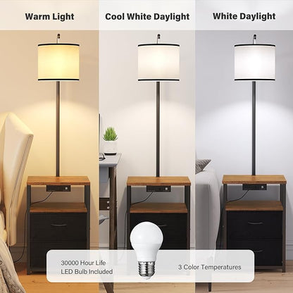 SUNMORY Floor Lamp with Table & 2 Drawers, Lamp with USB Port and Outlet, Nightstand with 3 Color Temperature Led Bulb Included, Floor Lamps for Living Room, Bedroom and Home Office, Rustic Brown