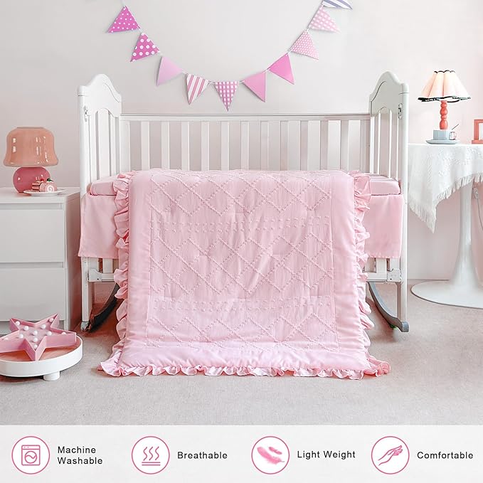 Wowelife Baby Girl Crib Bedding Set, Boho 3-Piece Crib Comforter Set for Girls, Ruffle Baby Nursery Bedding Set Include Quilted Comforter, Crib Skirt and Sheet, Pink