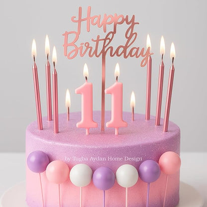 by Tugba Aydan - 33 Pcs Pink Birthday Candle Set with Number Candles 0–9, Metallic Long Candles, Ball&Text Toppers-Complete Cake Decoration Kit for Kids & Adults Birthday Party