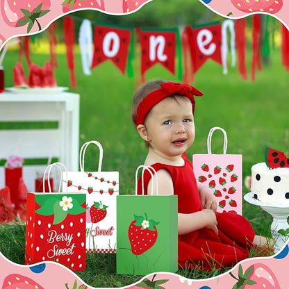 Outus 24 Pcs Strawberry Party Favor Bags Summer Strawberry Gift Bags Cute Strawberry Goodie Candy Paper Bags with Handles for Kids Berry First Birthday Party Supplies Baby Shower Wedding Decoration