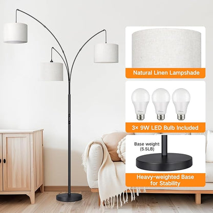 OUTON Arc LED Floor Lamp with Remote & Touch Control, Dimmable Modern Black 3 Light Arched Tall Floor Lamp, Mid Century Adjustable Standing Corner Lamps for Bedroom, Office, Living Room
