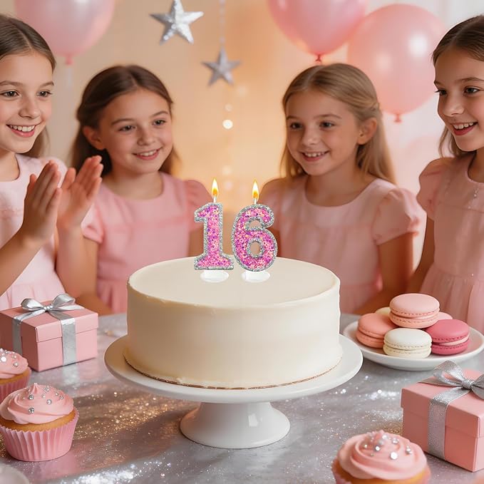 Number 6 Birthday Candle for Cake – Silver Glitter Edge with Pink Star Confetti – Decorative Number Cake Topper for Anniversary & Celebration Party Decor