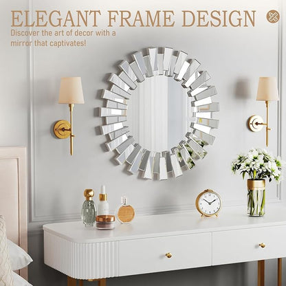 Sunburst Mirror - 26'' Sliver Starburst Mirror with Beveled Glass Frame, Modern Wall Decor Mirrors for Living Room, Hallway,Bedroom