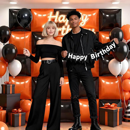 50Pcs Black and Orange Square Foil Balloons Wall Backdrop, Double Sided Metallic Foil Balloons Tunnel Arch Garland Kit for Photo Booth Birthday Wedding Halloween Christmas Party Decorations