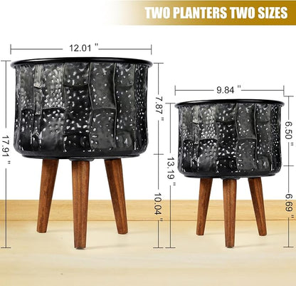 Harvest Land Plant Pots with Stand, Set of 2 Large Modern Planters Metal Tall Handmade Flower Pots with Drainage Holes Indoor Outdoor,Grey