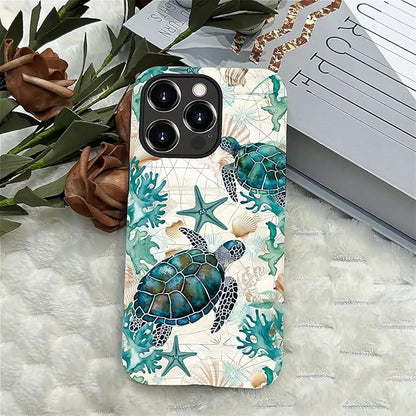 for iPhone 13 Pro Case,HH2 Ocean Sea Turtle Nautical Map Hybrid 2 Layer Hard Shell Silicone Protective Pattern Design Case