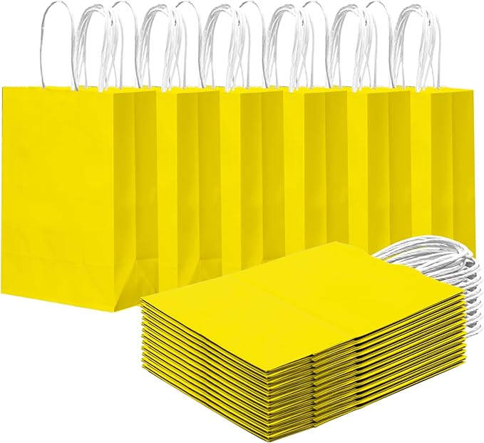 qiqee 24PCS Small Gift Bag with Handles Bulk 8.3"x6"x3" Gift Bags Bright Yellow Bags Multiple Uses (Small Size)