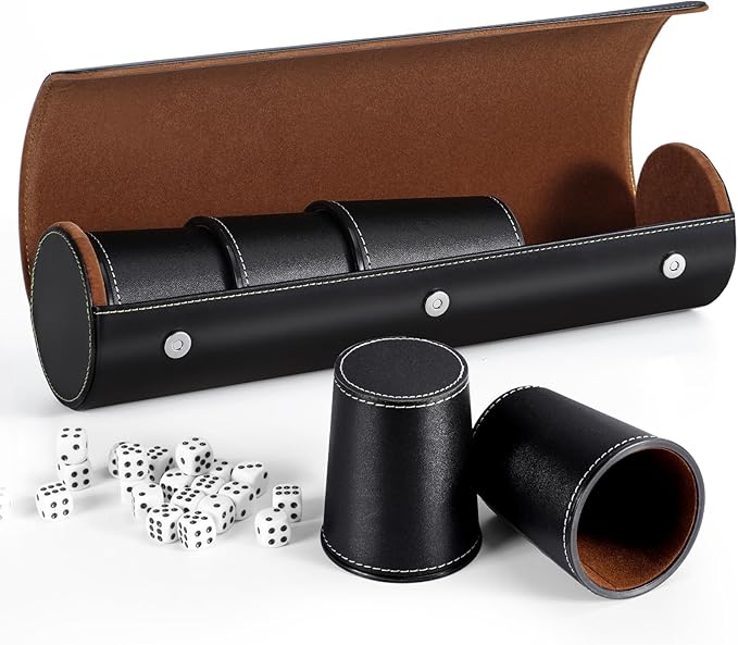 Leather Dice Cup Set, 5 Black Leather Dice Cups + 25 Dice + Exclusive Storage and Transport Case Made of Faux Leather