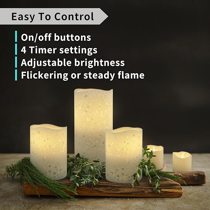 FURORA LIGHTING White Glitter Real Wax Flameless LED Candles with Remote & Timer (2/4/6/8 H), Battery Operated for Safety and Elegance, Pack of 8