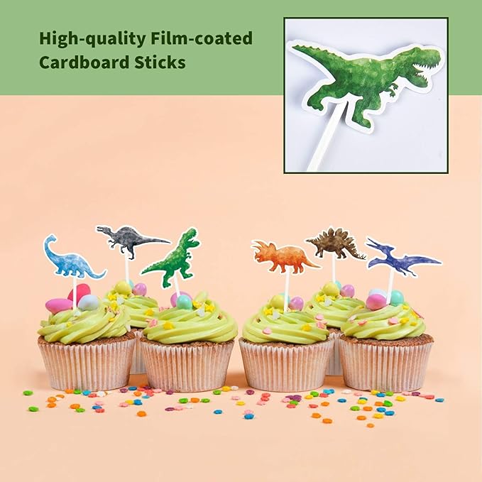 WERNNSAI 36 PCS Dinosaur Cake Toppers - Dinosaur Birthday Decorations Dino Cupcake Toppers Watercolor Happy Birthday Cupcake Topper Dino Cake Decorations