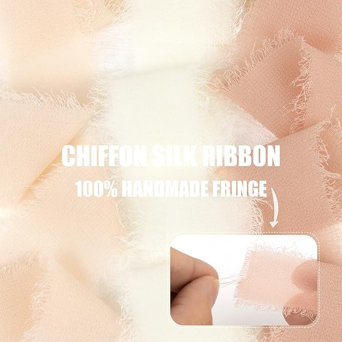 Chiffon Silk Ribbon 1 Inch x 21Yds Handmade Fringe Chiffon Silk Ribbon Peach Powder/Nude/Cream Frayed Chiffon Ribbon for Wedding Invitation Flower Bouquets Bridal Shower Gift Wrapping