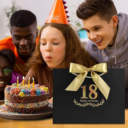 JMANNI Black Gold 18th Birthday Gift Bag with Card and Tissue Paper, 12.6"×9.84"×3.9" Elegant Present Bag for Adults, 18 Year Old Birthday Keepsake Party Supplies