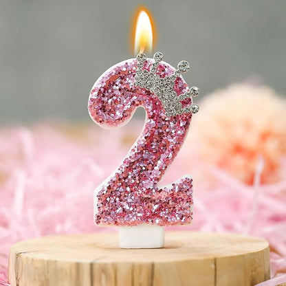 Birthday Number Candles,Pink Crown Birthday Candles for Cake,Glitter Number 2 Candle Cake Topper with Sequins for Girls,Women, Anniversary Celebrations Supplies (Pink 2)