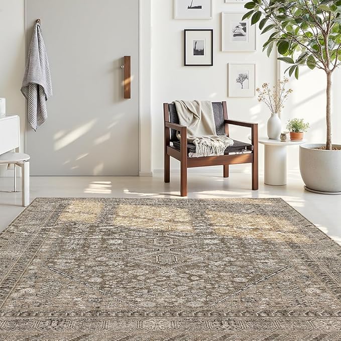 9x12 Area Rugs Beige Brown Washable Rug for Living Room, Bedroom, Dining Room, Large Carpets, Non Slip & Non-Shedding Low Pile Vintage Print Rug for Home Office Decor