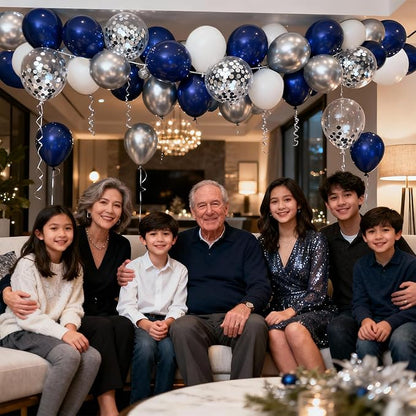 Navy Blue and Silver Balloons Arch Kit,Blue and Silver Balloons,Silver Confetti White Balloons Arch for Graduation Ceremony, Birthday New Year Party Decorations