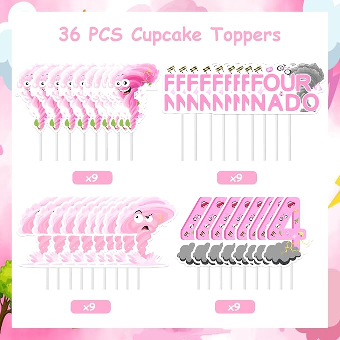Cheereveal 36Pcs Fournado Birthday Cake Decorations, Tornado Cupcake Toppers, Pink Weather Storm Theme 4th Bday Baby Shower Cupcake Picks Party Supplies