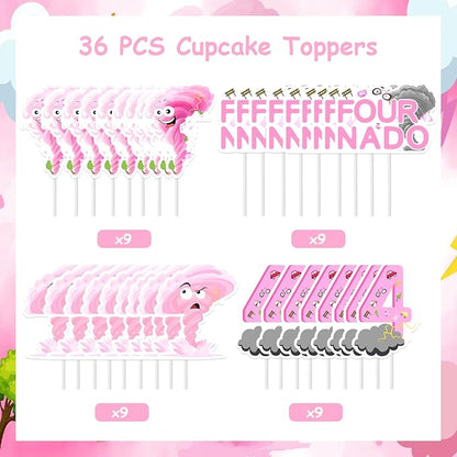 Cheereveal 36Pcs Fournado Birthday Cake Decorations, Tornado Cupcake Toppers, Pink Weather Storm Theme 4th Bday Baby Shower Cupcake Picks Party Supplies