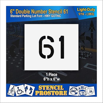 Pavement, Curb, and WheelStop Stencils - 6 inch Double Number Stencil - (61) - 6" x 6" x 1/16" (63 mil) - Light-Duty