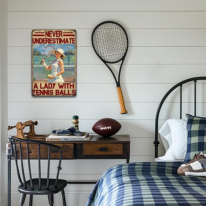 Tennis Sport Vintage Tin Metal Sign Never Underestimate A Lady With Tennis Balls Decorative Poster Wall Art Decoration For Home School Club Coffee 8x12 Inch