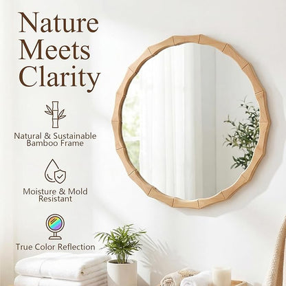 Round Bamboo Frame Mirror with Wavy Edge, 24-inch Vintage Wood Finish Hanging Wall Mirror for Bathroom, Bedroom, Living Room & Entryway