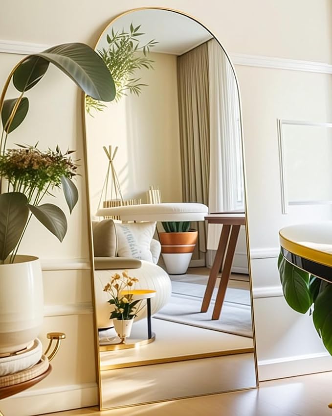 BEVERDY Full Length Mirror, Arched Floor Mirror with Stand, 26"x68" Oversized Floor Mirror, Wall Mirror Full Length Freestanding, Wall Mounted Mirror for Bedrooom Living Room, Gold