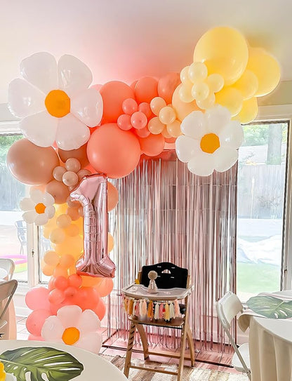 Boho Daisy Balloon Arch Garland Kit, 136Pcs Groovy Balloons Set with Pink Yellow Orange Nude Balloon, Daisy Flower Balloons for Two Groovy Birthday Baby Shower Wedding Party Decorations