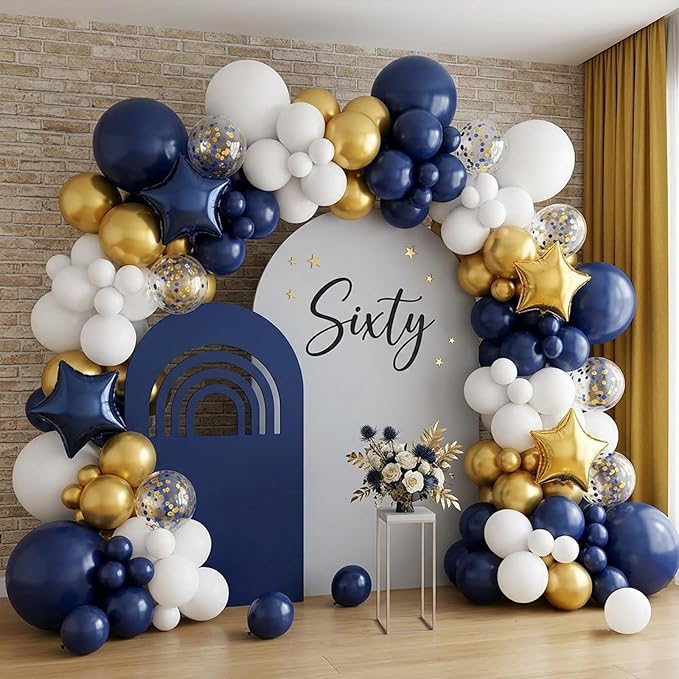 RUBFAC 176pcs Navy Blue Gold Balloons Arch Kit, Navy Blue Balloon Garland Metallic Gold White Confetti Balloon Foil Balloons for Baby Shower Birthday Party Wedding Anniversary Graduation Decoration