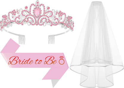 3Pcs Bride to Be Crown with Sash and Veil for Bachelorette Party Decorations, Bridal Shower Accessories for Gift, Favors