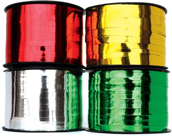 Xmas Ribbon - Christmas Ribbon Set of 4 Rolls Silver Red Green Gold Curling Ribbons Thin for Holiday Wrapping & Decoration