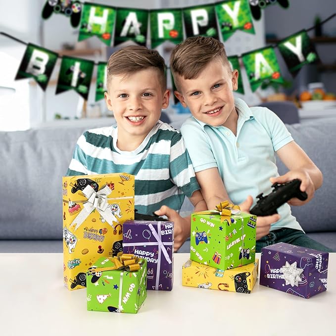 WERNNSAI Gaming Wrapping Paper Rolls - 3 Short Rolls 17 in x 120 in Video Game Wrapping Paper for Kids Boys Birthday Gamer Theme Party Decorative Gift Packing Paper Supply Green Yellow Purplewith Cut Lines