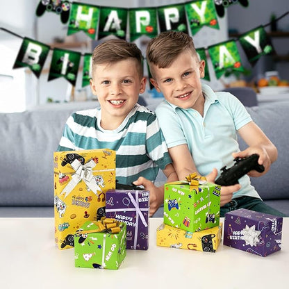WERNNSAI Gaming Wrapping Paper Rolls - 3 Short Rolls 17 in x 120 in Video Game Wrapping Paper for Kids Boys Birthday Gamer Theme Party Decorative Gift Packing Paper Supply Green Yellow Purplewith Cut Lines