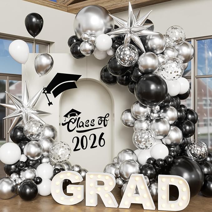 Black Silver Balloon Arch Kit Graduation Decorations 2026, 130Pcs Black and Gold Balloons and Foil Star Balloon with Confetti Ribbons Grad Party Decorations for College High School Class of 2026