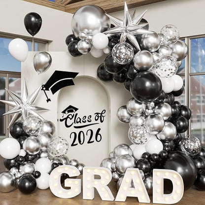 Black Silver Balloon Arch Kit Graduation Decorations 2026, 130Pcs Black and Gold Balloons and Foil Star Balloon with Confetti Ribbons Grad Party Decorations for College High School Class of 2026