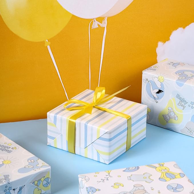 WRAPAHOLIC Baby Boy Wrapping Paper Sheet - 12 Sheets Cute Bear and Small Pin Design Folded Flat for Baby Showers, Celebration, Party - 19.7 Inch x 30 Inch Per Sheet