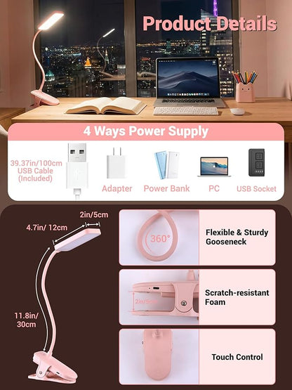 Pink Desk Lamp with Clamp Light,9 Brightness+5 Color Clip on Light,4000mAh Battery Rechargeable Desk Lamp Cute,48 LED Desk Light,Cordless Small Clip on Reading Light for Bed/Headboard/Bedside Table