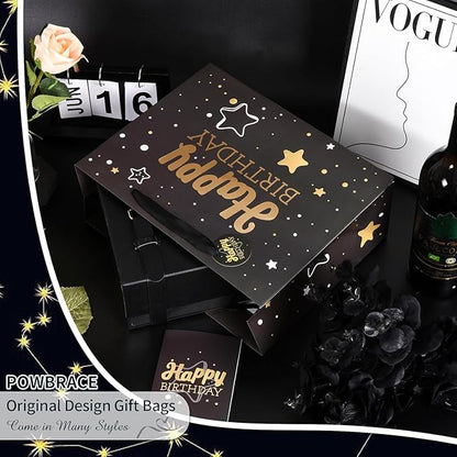 16" Black Happy Birthday Gift Bag with Tissue Paper and Greeting Card for Party,Happy Birthday Gift Bag for Men Women,Gift Bags Extra Large(1 PCS Black Hot Stamping)