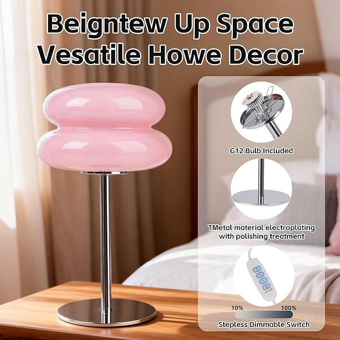 Table Lamp for Bedroom,Mid Century Modern Lamp for Nightstand, Dimmable Retro Egg Tart Bedside Small Lamps,Unique Home Mushroom Decor Aesthetic Cute Table Lamps nightstand lamp (Pink)