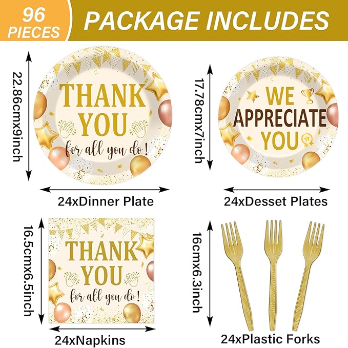 96Pcs We Appreciate You Party Plates and Napkins Employee Staff Appreciation Plates Thank You Theme Party Disposable Thankful Tableware Set for 24 Guests Staff Teacher Doctor Pastor Favors Supplies