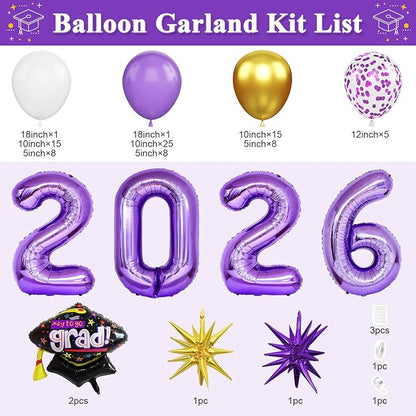 Graduation Balloons Garland Arch Kit, Graduation Balloons Class of 2026, Purple and White Gold Latex Balloon with Foil Balloon for Class of 2026 Party Decor
