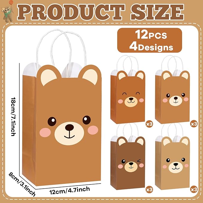 12Pcs Brown Bear Theme Party Favor Bags Bear Shaped Goodie Bags Candy Bag for Bears Birthday Party Decor Cute Bears Gift Treat Bag with Handle for Woodland Parties Kids Boys Girls Baby Shower Supplies