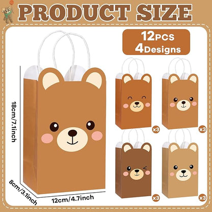 12Pcs Brown Bear Theme Party Favor Bags Bear Shaped Goodie Bags Candy Bag for Bears Birthday Party Decor Cute Bears Gift Treat Bag with Handle for Woodland Parties Kids Boys Girls Baby Shower Supplies