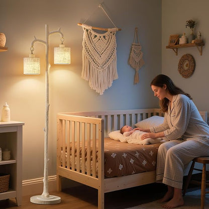 EJIAXIN Floor Lamp for Living Room - 69" Rustic Farmhouse Tree Trunk Tall Lamp with 2 Country Vintage Reading Light - Standing Tall Lamps for Bedroom Office Home Decor (Almond White, Bulb Included)